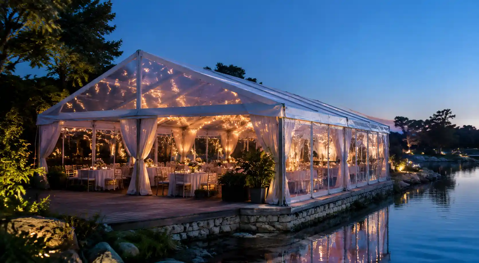 Clear span transparent dining marquee for weddings, vineyard dining and lakeside restaurants