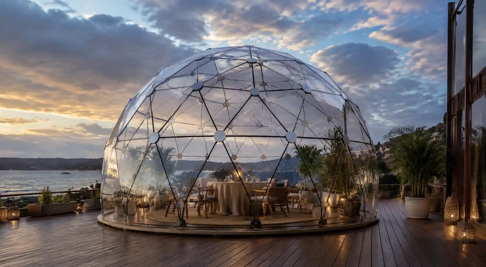Transparent geodesic dome restaurant structure with 360-degree panoramic views