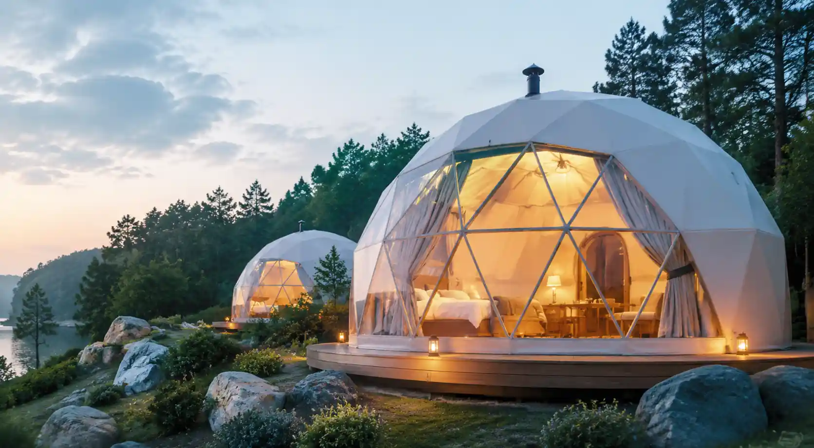 Luxury glamping resort dome tent with hotel-quality interiors and ensuite bathroom