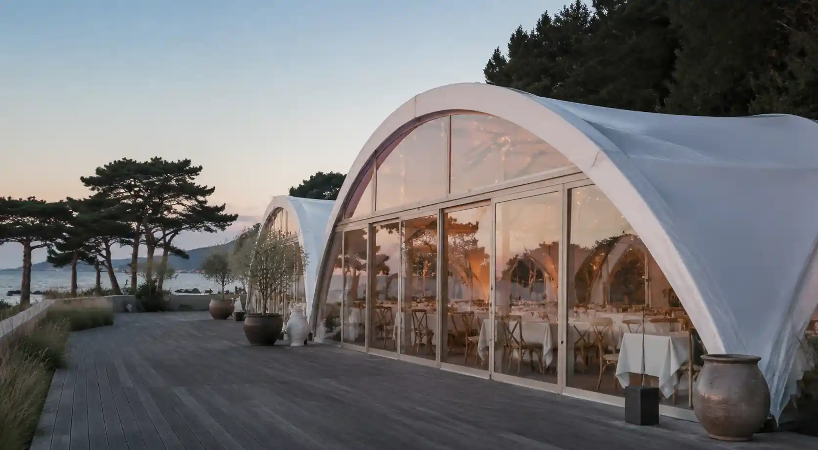Hotel marquee structure for seasonal capacity expansion and unique guest experiences