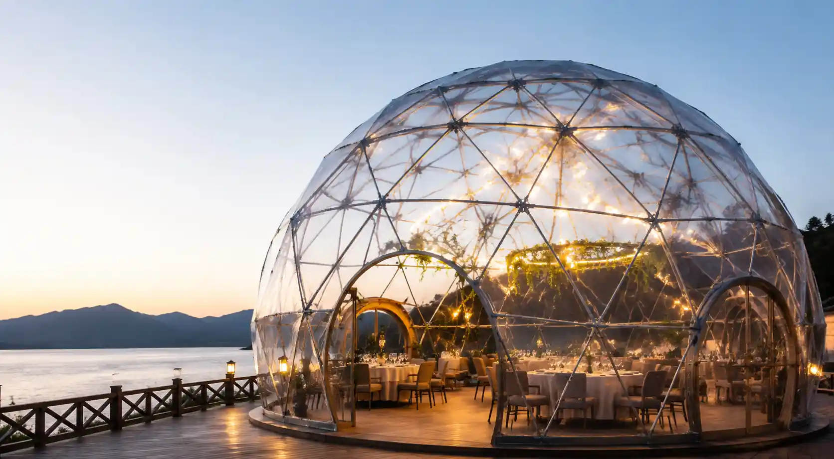 Geodesic dome restaurant structure with transparent 360-degree panoramic views for outdoor dining