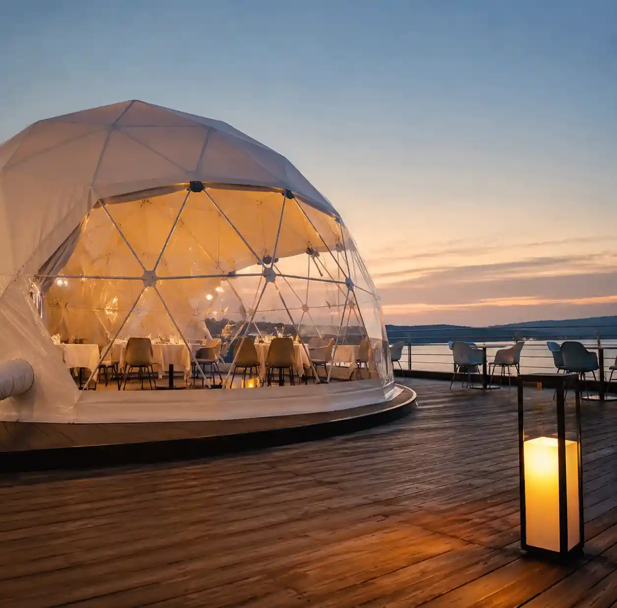 Rooftop and outdoor restaurant dining dome structure with panoramic views