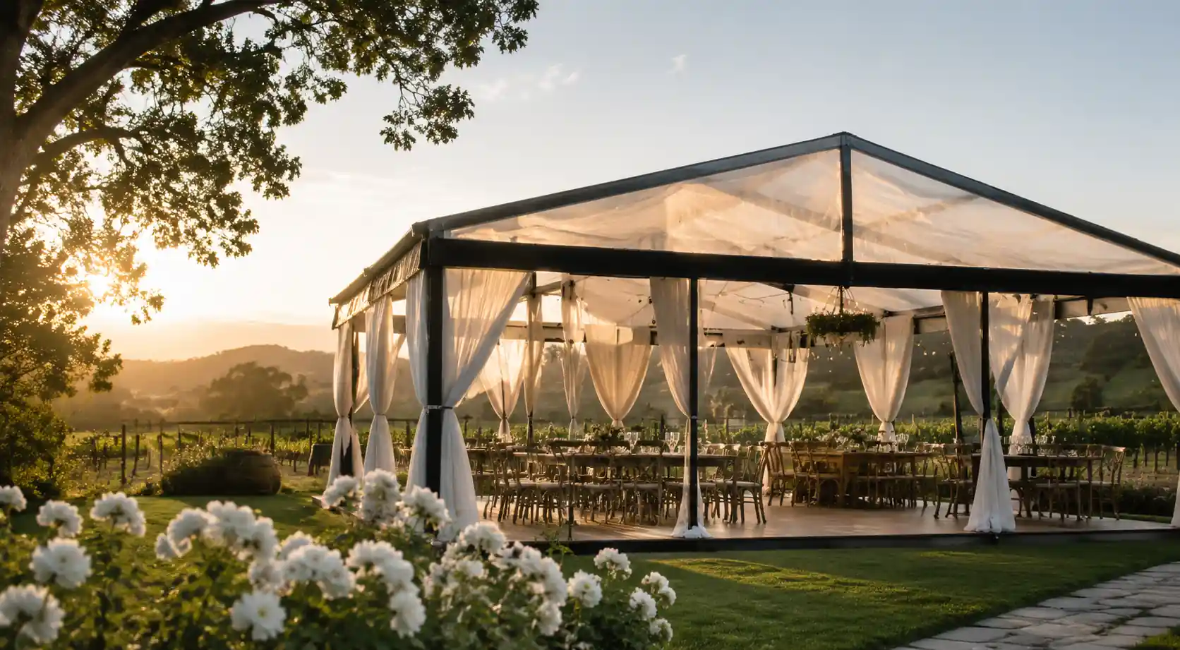 Transparent dining marquee for vineyard tasting rooms and winery events