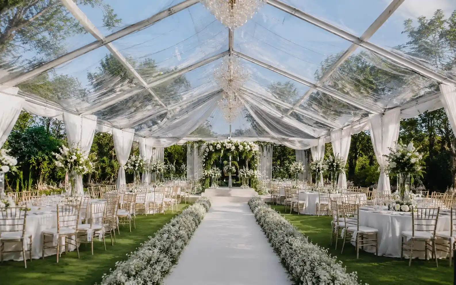 Professional wedding tent interior with elegant decoration